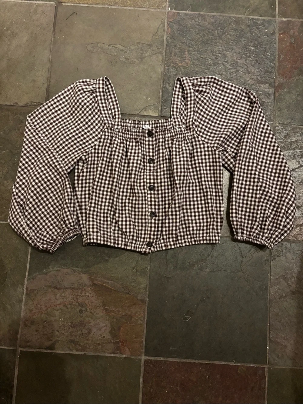 Madewell Brown and White Gingham Square-Neck Blouse